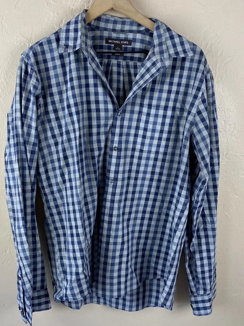 Michael Kors Blue Gray Plaid Button Front Shirt Slim Fit Mens Large